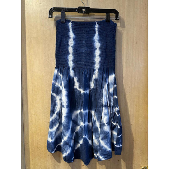 Womens Tie Dye Smocked Indigo Blue Strapless Knee Length Sun Dress Size Medium - Picture 1 of 10